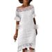Women's Clothing Off-Shoulder Short Sleeve Dress American Style Solid Color Lace Trim Casual Elegant Fashion Thin_ecoleips.com