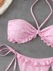 Women Pink Ditsy Floral 2 Piece Bikini Set Halter Tie Ruffle Edge Front Bow Side Tie High Cut Cheeky Bathing Suit Summer Beach Swimwear_ecoleips.com