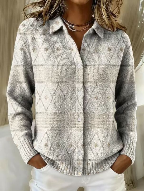 Women's Clothing Solid Color Knit Cardigan 3D Print Collared Top Autumn Winter Regular Fit Shirt_ecoleips.com