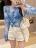 Recommended~ Korean-Style Blue Tie-Dye Printed Long-Sleeve Top With Chest Pads For Women, Suitable For Early Autumn_ecoleips.com