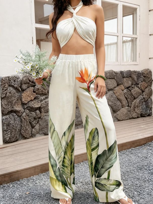Holiday Style Spice Girl Style Ladies Neck Top Wide Leg Pants Set Skinny Bird Of Paradise Print Neck Design Travel Wear_ecoleips.com