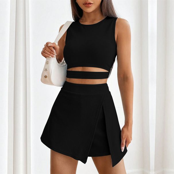 Voya Women's Beauty Outfit, Short Cut With Exposed Navel, Slim Fit, Sleeveless Knitted Vest, High Waisted Elastic Skirt Pants, Fashionable Set_ecoleips.com