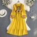 Bohemian Embroidered Tassel Tie Waist Loose A-Line Full Skirt Dress for Beach Vacation Foreign Trade Women's Maxi Dress_ecoleips.com