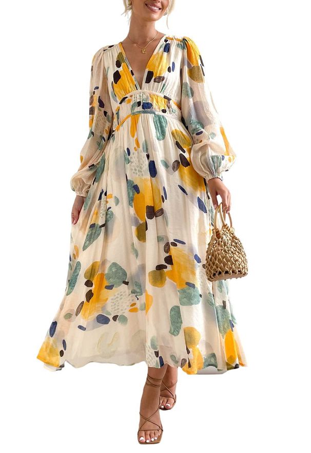 Bohemian Women's Long Sleeve Maxi Dress Floral Print V-Neck High Waist A-Line Casual Flowy Dress_ecoleips.com