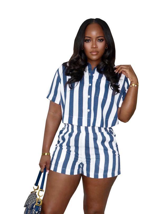 European And American Style Women's Summer Fashion Vertical Striped Print Set Comfortable Loose Casual Shirt Two-Piece Outfit_ecoleips.com