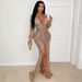 Women's Deep V Cheetah Print Dress – Long Sleeve Bodycon With High Slit & Mesh Detail (S-Xxl) All-Day Comfort_ecoleips.com