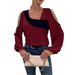 2025 Spring And Autumn New Off-Shoulder Patchwork Pullover Asymmetric Neck Long Sleeve Loose Women's Shirt_ecoleips.com