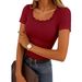 Ribbed Knit Square Neck T-Shirt – Lace Trim Casual Top For Women, Soft & Breathable (S-Xxl, 8 Colors)_ecoleips.com