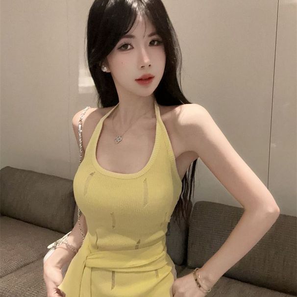 Doamine Ink Knitted Halter Neck Camisole For Women, Summer Ure Desire Hot Girl Style, Straless Slim-fit Versatile_ecoleips.com