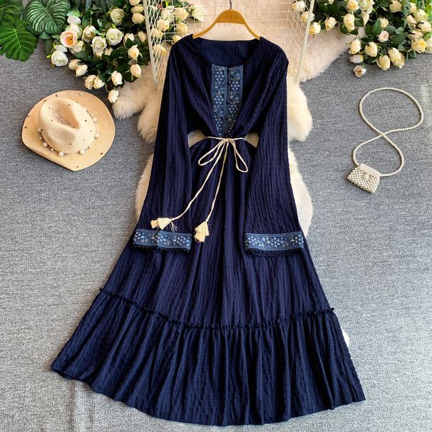 Women's French Style Beaded round Neck Dress Elegant Summer Texture Pleats Ruffles Long Skirt Gentle Dress_ecoleips.com