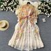 Women's European American Printed Dress Stand Up Collar Long Sleeve High Waist Chiffon Fairy Skirt_ecoleips.com
