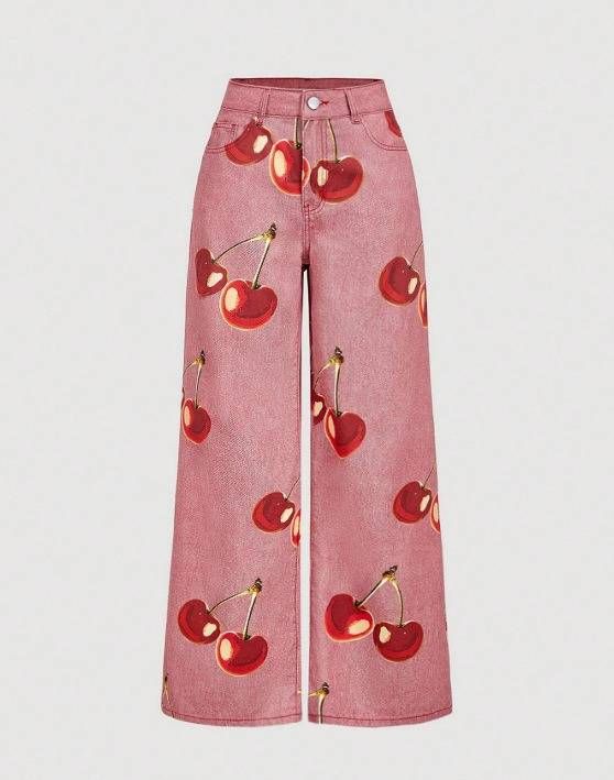 Women's Clothing Sweet Cherry Print Wide-Leg Jeans – High-Waisted Retro Denim (Pink, Sizes 26-31, Comfort Fit)_ecoleips.com