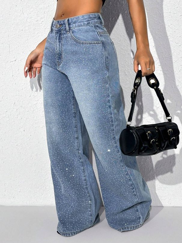 European And American Women's Hot Pressed Diamond Washed Denim Jeans In Large Size, Low Waist, Loose Button, Straight Leg Denim Pants For Women_ecoleips.com