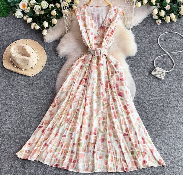 Women's French Style Geometric Print Dress V Neck Sleeveless Slimming A-Line Long Dress Sophisticated Tie Waist Summer Style_ecoleips.com