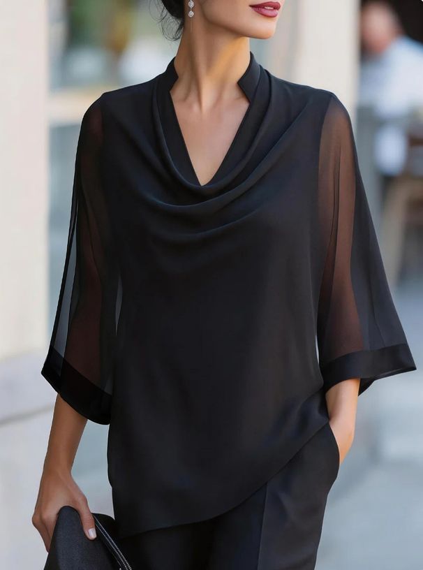 Fashionable T Neck Chiffon Top For Women Loose Fit Slimming Shirt Summer Style New Arrival_ecoleips.com