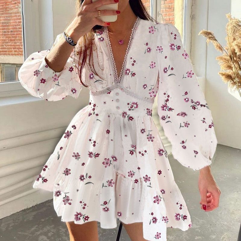 Women's Clothing Sweet Print V Neck Lace Short Long Sleeve Pleated Dress_ecoleips.com