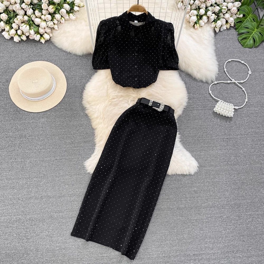 Women's Clothing light mature style, bubble short sleeves, single breasted, polka dot chiffon shirt, two piece suit_ecoleips.com