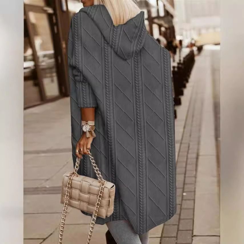 Women's Long Hooded Trench Coat With Cable Knit Texture Oversize Casual Windbreaker In Dark Gray/Black/Dusty Pink/Khaki/Dark Brown (S-XXL)_ecoleips.com
