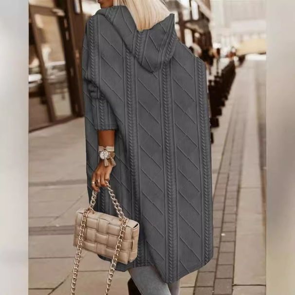 Women's Long Hooded Trench Coat With Cable Knit Texture Oversize Casual Windbreaker In Dark Gray/Black/Dusty Pink/Khaki/Dark Brown (S-XXL)_ecoleips.com