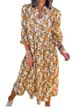 2025 New Casual Loose Bohemian Floral Long Puff Sleeve V-Neck Ruched Dress For Women_ecoleips.com