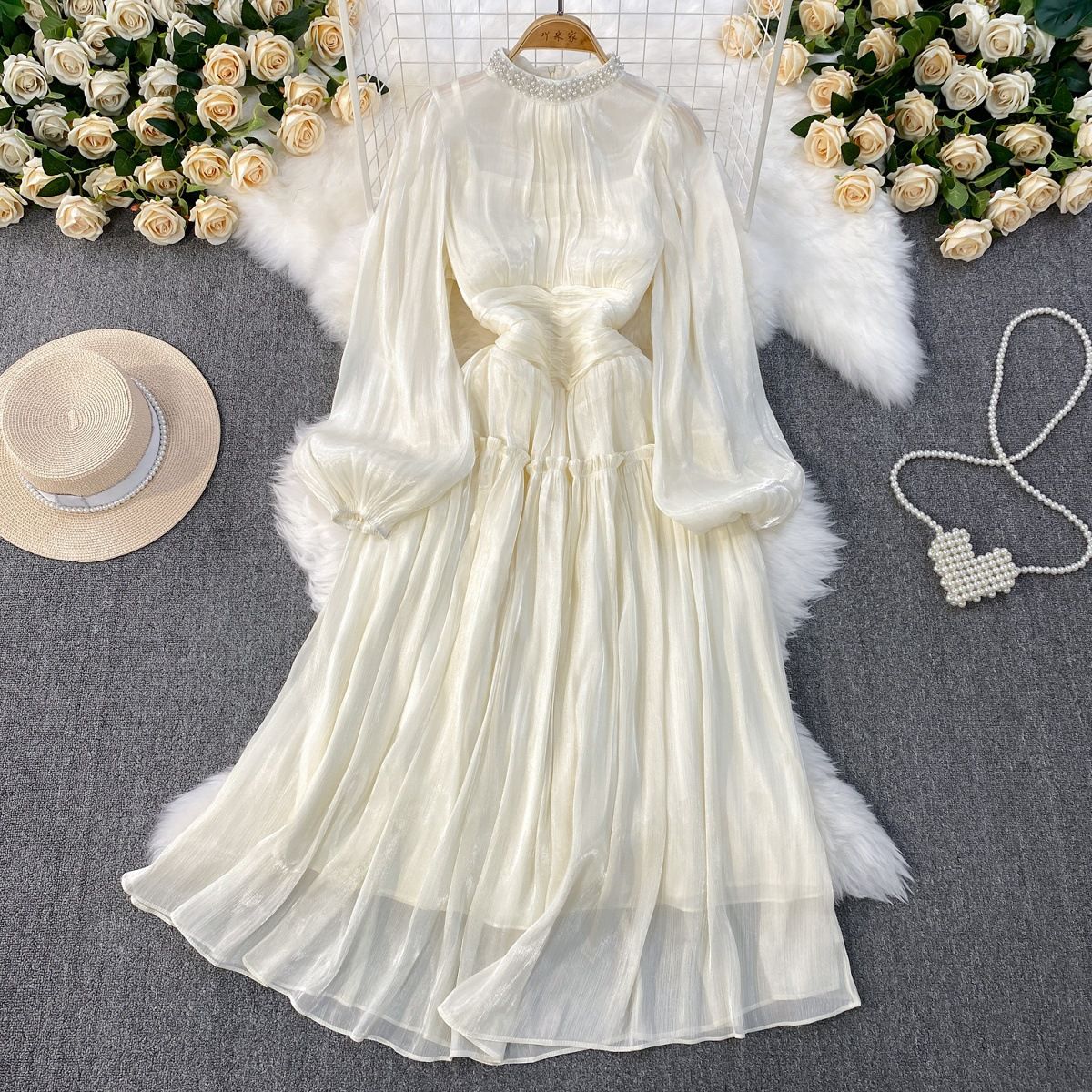 Korean Style Beaded Lantern Sleeve Stand up Collar Dress Waist Cinching a Line Glossy Beach Vacation Dress_ecoleips.com