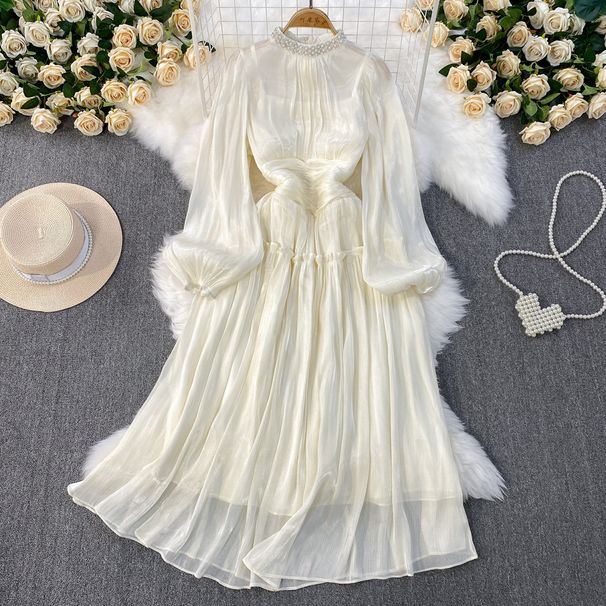 Korean Style Beaded Lantern Sleeve Stand up Collar Dress Waist Cinching a Line Glossy Beach Vacation Dress_ecoleips.com