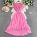 Women's Clothing Light Luxury Celebrity Heavy Beaded Round Neck Dress Female Summer Waist Slimming Pleated Elegant Dress Long Skirt_ecoleips.com