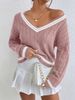 V-Neck Color Block Knit Sweater - Casual Oversized Pullover With Lantern Sleeves, Autumn Winter Fashion For Women_ecoleips.com