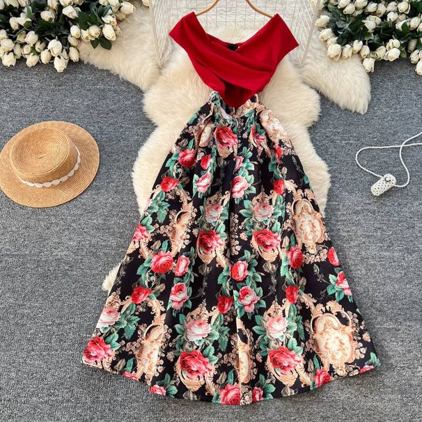 Elegant Maxi Korean Style Sleeveless Printed Dress High Waisted a Line Skirt for Commuting Women's Fashion Dress_ecoleips.com