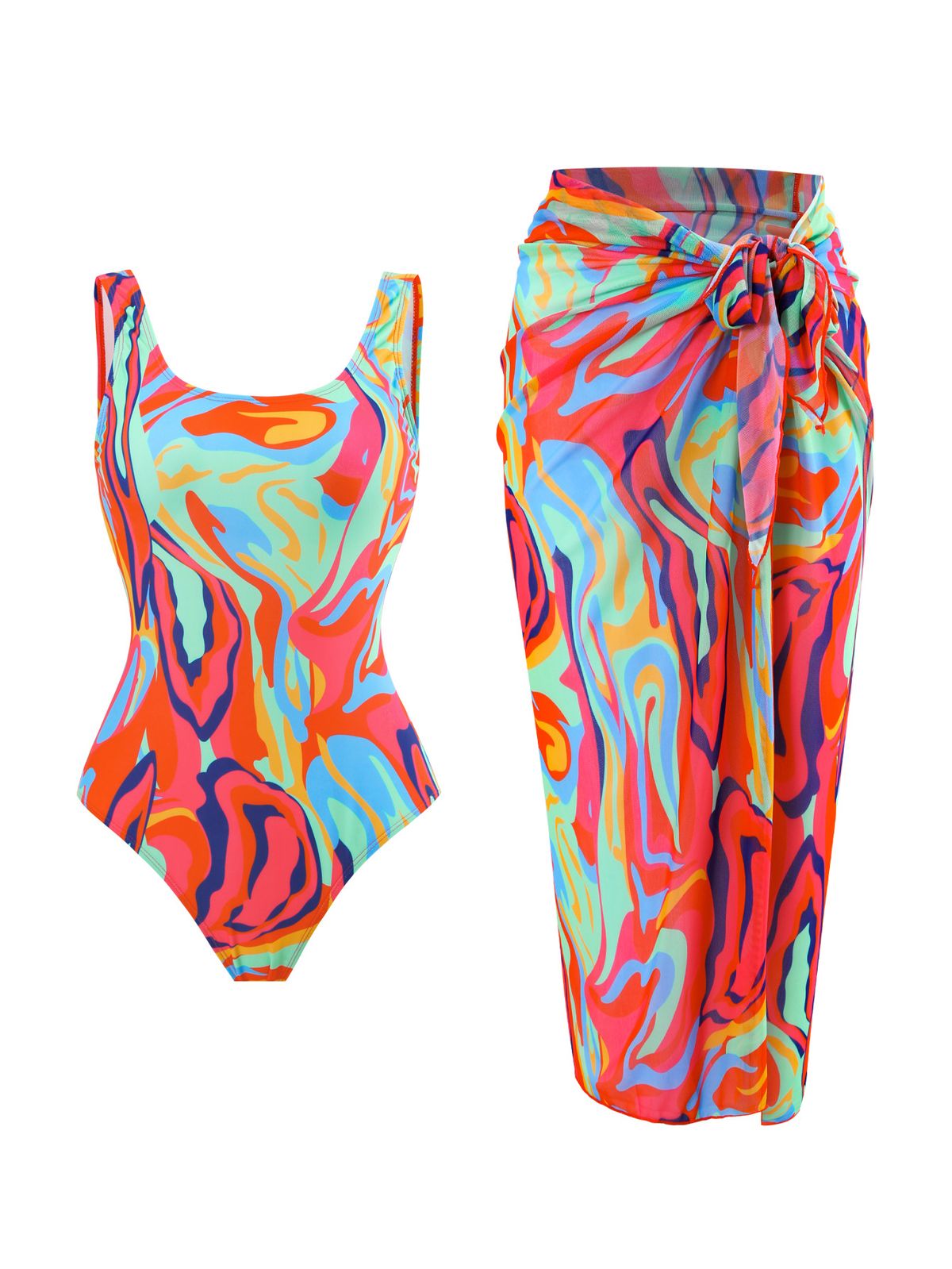 Women's Printed Swimsuit Cover-Up Set – Sexy Bikini & Sun Protection Skirt (UPF 50+, Adjustable Straps, Quick-Dry Fabric)_ecoleips.com
