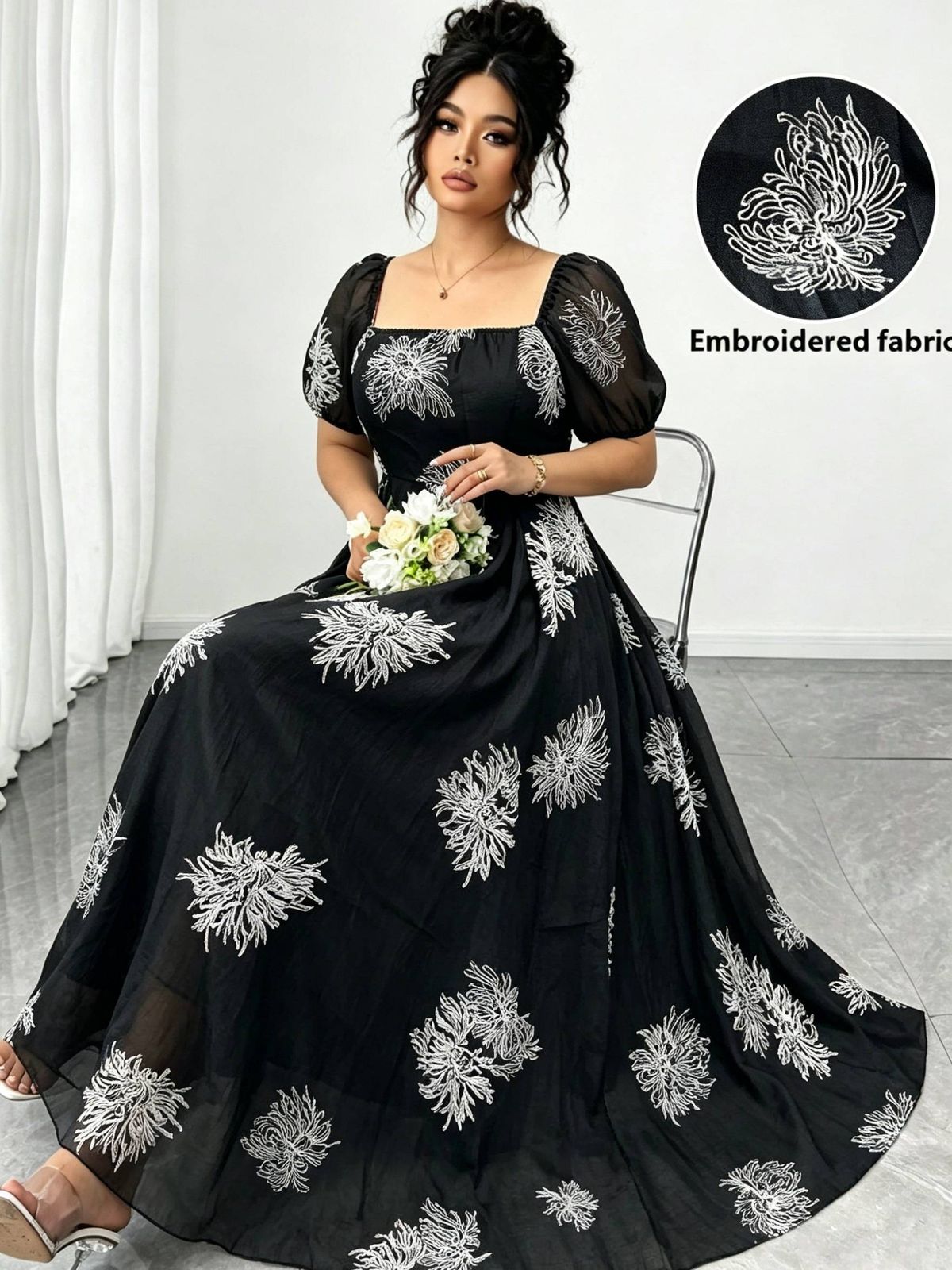 Plus-size Embroidered Square-neck Puff Sleeve Fashion Dress_ecoleips.com