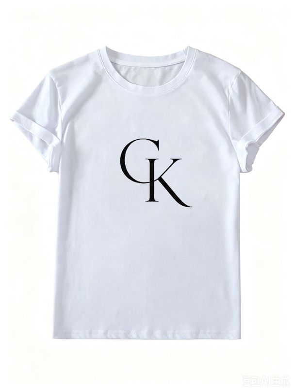 Women's Minimalist Logo Print White T-Shirt, Casual Crew Neck Short Sleeve, Loose Fit Cotton Tee For Daily Wear_ecoleips.com