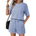 Women's Checkerboard Print Short Sleeve T-Shirt With Drawstring Pocket Shorts Set, Casual Loungewear Two Piece Outfit For Summer, Street Style_ecoleips.com