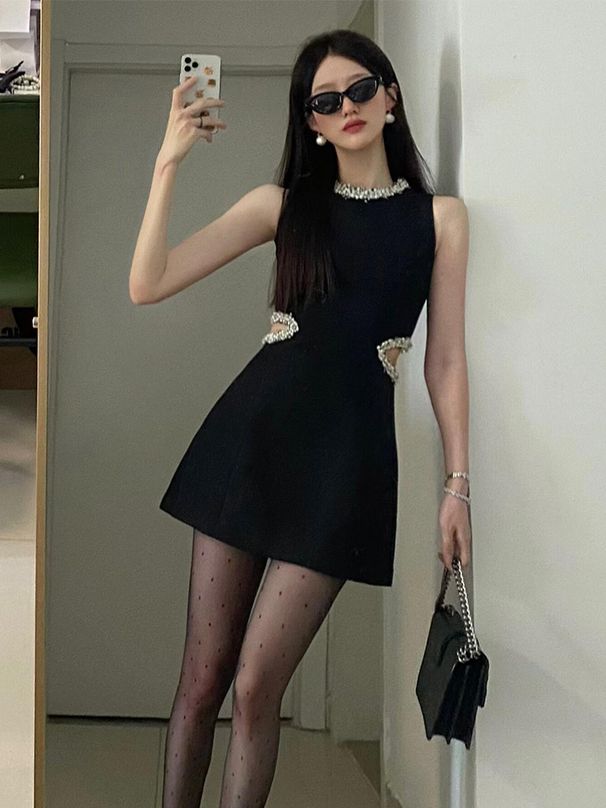 Slimming A-Line Dress Women's Summer High Waist Sleeveless Korean Style Commute Pure Color Short Skirt Bodycon Dress_ecoleips.com