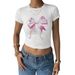 Cross-border European And American Summer New Bow Pattern Printed T-shirt, Slim-fit, Figure-flattering, Cropped_ecoleips.com