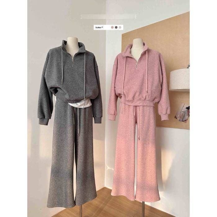 Women's Half-Zip Stand Collar Sweatshirt & Jogger Set – Minimalist Pullover Hoodie & Straight-Leg Pants (M-XXL)_ecoleips.com