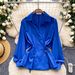 Women's Korean Style Blue Suit Collar Shirt With Tie Waist Slimming Elegant Top Long Sleeves For Spring Loose Fit Blouse_ecoleips.com