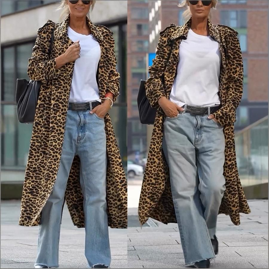 Women's Clothing Leopard Print Lapel Women's Windbreaker Casual Long Sleeved Jacket Loose Fit Autumn Winter_ecoleips.com