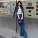 New Women's Clothing Bowknot Decoration Printed Long Sleeve Round Neck Coat Wide Leg Pants Fashion Denim Suit Only_ecoleips.com