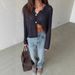 "Women's Cropped Knit Top - Slim Fit Ribbed Texture, Sexy Midriff Cutout, Long Sleeve Crewneck - Versatile Layering Essential For Fall/Winter_ecoleips.com