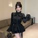 French-style Elegant Heavy-duty Rhinestone Bow Slim-fit Top For Women, Spring Stand-up Collar Bell-sleeve Ruffled_ecoleips.com