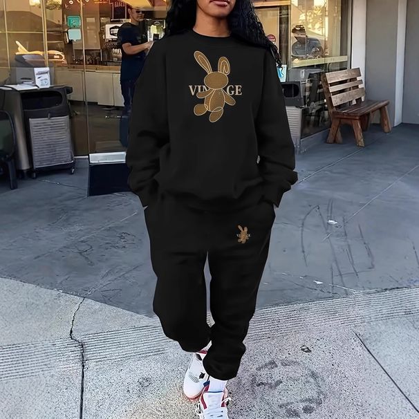 Women's Clothing Fleece Lined Two Piece Set Crew Neck Casual Printed Sweatshirt Set_ecoleips.com