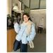 Japanese Korean Vibe Striped Bow Cotton Jacket – Winter Fashion Thickened Warm Coat, Cute & Stylish Short Puffer Coat With Princess Sleeves (Blue)_ecoleips.com