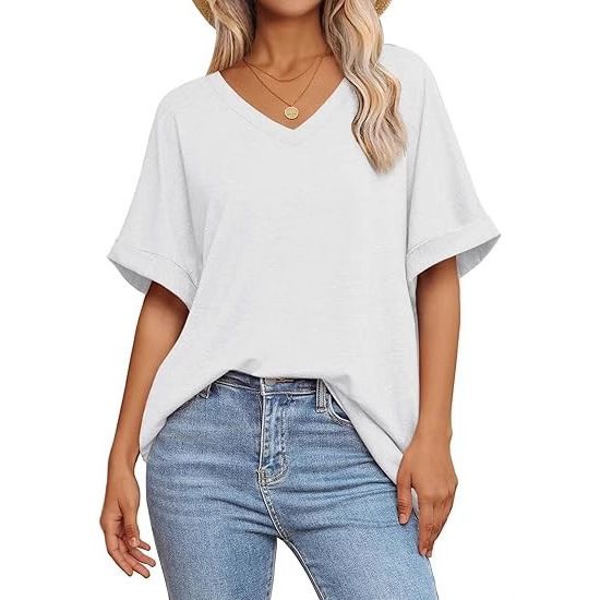 Women's Summer Casual V Neck T-Shirt Loose Short Sleeve Top European American Style_ecoleips.com