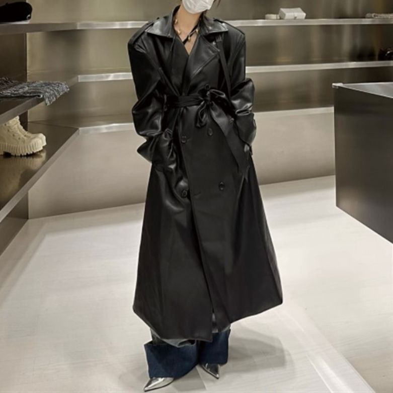 Women's Oversized PU Leather Trench Coat - Edgy Longline Faux Leather Jacket With Belt & 3D Effect_ecoleips.com