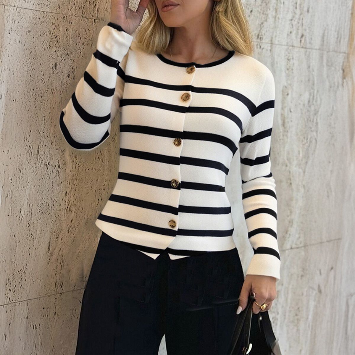 DiYun European And American Elegant Striped Long-Sleeve Vest Women's Clothing 2025 Autumn/Winter_ecoleips.com