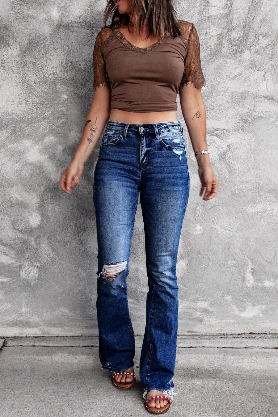 Women's Clothing Autumn And Winter New High Waist Elastic Raw Edge Hole Fashion Bell Bottom Pants Jeans_ecoleips.com
