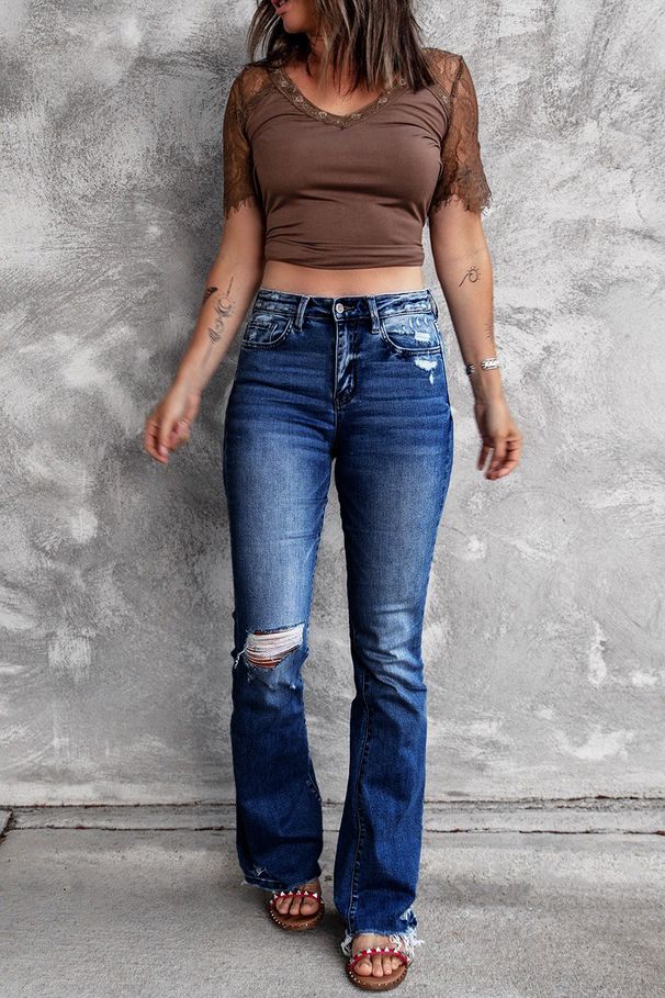 Women's Clothing Autumn And Winter New High Waist Elastic Raw Edge Hole Fashion Bell Bottom Pants Jeans_ecoleips.com