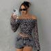 Voya Women's European And American Style Sexy Leopard Print Off Shoulder Trumpet Long Sleeved Top For Women, Slim Fit And Fashionable Short Style_ecoleips.com
