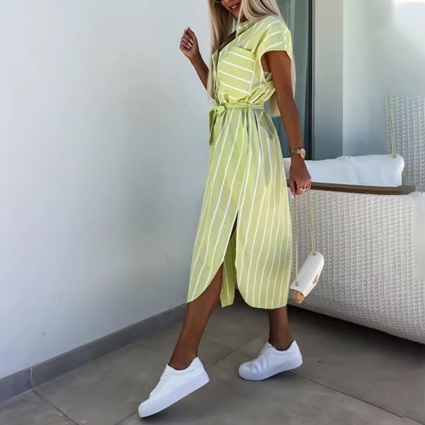 Women's Clothing New Spring And Summer Fashion Temperament Striped Long Skirt Lace Up Dress_ecoleips.com